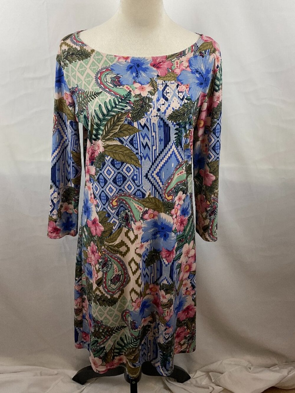 Jean-Pierre Klifa Shift Dress L Blue Green Pink Floral Mixed Print Long Sleeve